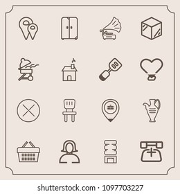 Modern, simple vector icon set with music, comfortable, container, business, close, road, communication, cold, sale, call, record, white, work, gramophone, young, retro, job, telephone, lady icons