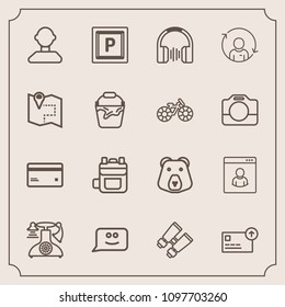 Modern, simple vector icon set with quality, leather, road, plastic, animal, male, face, wild, finance, sound, stereo, grizzly, call, backpack, bag, rucksack, debit, nature, chat, currency, cash icons