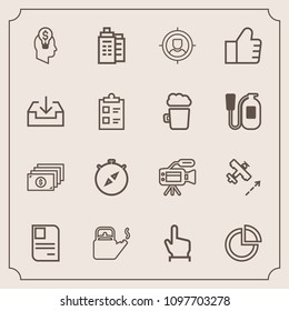 Modern, simple vector icon set with currency, presentation, touch, building, camera, south, business, steam, identity, hand, target, lens, hot, microphone, kitchen, click, cash, money, id, card icons