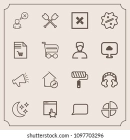 Modern, simple vector icon set with loudspeaker, internet, audio, water, speech, graph, sound, loud, paddle, discount, tool, boat, sky, cancel, sign, web, real, increase, paint, oar, house, roll icons
