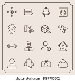 Modern, simple vector icon set with ring, exercise, headset, dollar, fashion, wooden, business, object, delivery, gym, message, sport, rocket, bell, house, bag, account, support, birdhouse, hair icons
