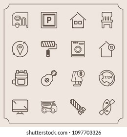 Modern, simple vector icon set with canoe, oar, screen, electricity, power, fire, guitar, digital, rucksack, danger, support, road, transportation, dumper, help, music, dump, van, tipper, street icons