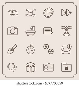 Modern, simple vector icon set with id, graduation, moon, construction, rewind, modern, cash, night, chart, college, planet, security, education, safety, space, furniture, interior, pie, shovel icons