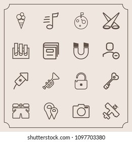 Modern, simple vector icon set with plane, road, wear, map, key, food, door, pin, technology, shorts, music, sign, house, white, celebration, photo, event, tune, flight, background, flag, cream icons
