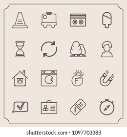 Modern, simple vector icon set with machine, travel, building, clean, row, airport, temperature, house, baggage, woman, bag, game, fahrenheit, laundry, field, domino, thermometer, concept, chat icons