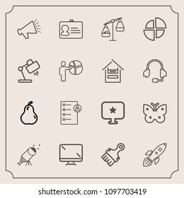 Modern, simple vector icon set with voice, sky, night, pear, name, loud, measurement, id, scale, human, display, digital, butterfly, checklist, organic, fresh, identity, science, speaker, nature icons