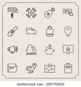 Modern, simple vector icon set with loud, aerial, coin, technology, file, tree, loudspeaker, paint, voice, personal, property, business, forest, money, investment, professional, id, tool, roll icons