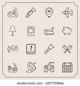 Modern, simple vector icon set with dish, antenna, water, trumpet, meeting, button, car, web, timetable, people, navigation, bugle, technology, jazz, telescope, business, job, schedule, calendar icons