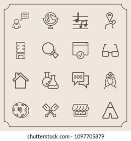 Modern, simple vector icon set with technology, adventure, tent, chat, map, outdoor, casino, globe, help, shop, global, care, planet, home, luck, telephone, oar, danger, safety, boat, travel icons