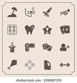 Modern, simple vector icon set with scuba, dice, healthy, technology, fitness, gas, gym, trumpet, sound, camera, casino, game, rocket, stove, island, can, sea, summer, music, beach, mask, sign icons