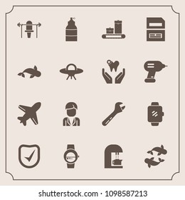 Modern, simple vector icon set with spanner, tool, smart, paint, watch, time, file, man, fitness, spaceship, alien, bag, flight, caffeine, food, boy, security, white, luggage, data, document icons