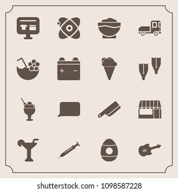 Modern, simple vector icon set with grocery, cutlery, vehicle, cart, restaurant, speech, ice, bubble, transport, guitar, truck, martini, supermarket, astronomy, drink, talk, decoration, holiday icons
