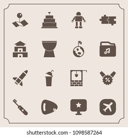 Modern, simple vector icon set with guitar, percent, puzzle, cup, technology, map, sweet, pin, price, drink, robot, music, rocket, launch, hygiene, asia, food, plane, pagoda, computer, old, star icons