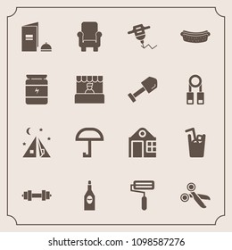 Modern, simple vector icon set with cold, sport, gym, brochure, outdoor, rain, glass, estate, roll, meat, book, real, wine, travel, weather, umbrella, house, furniture, fitness, camp, paper, red icons
