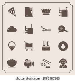 Modern, simple vector icon set with work, trolley, lunch, dish, king, beautiful, file, asian, crown, queen, market, fish, kimono, human, japan, film, video, bowl, salmon, paper, spoon, location icons