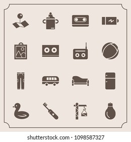 Modern, simple vector icon set with transportation, power, bottle, health, clean, nutrition, music, cassette, pants, sky, idea, construction, bird, bulb, nature, plastic, clothing, food, tape icons
