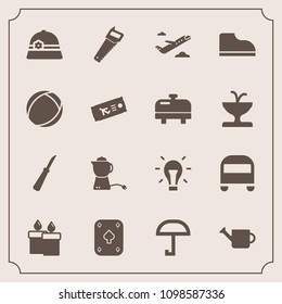 Modern, simple vector icon set with hat, rain, ball, footwear, plant, kitchen, idea, tea, construction, game, knife, teapot, umbrella, breakfast, work, equipment, decoration, fire, water, plane icons