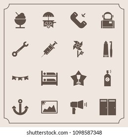 Modern, simple vector icon set with place, tool, cosmos, megaphone, image, food, button, happy, paint, achievement, cream, communication, spray, wrench, photo, door, science, home, equipment icons