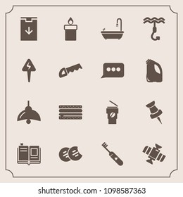 Modern, simple vector icon set with download, energy, fire, education, toilet, technology, literature, brush, web, textbook, dessert, lamp, planet, health, decoration, food, pin, clean, cookie icons