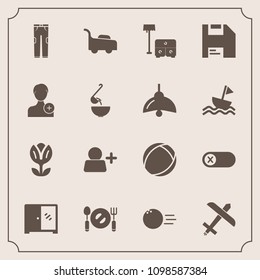 Modern, simple vector icon set with mower, fun, computer, airplane, chair, travel, flower, add, deactivate, table, bowling, fashion, account, nature, diskette, clothing, aircraft, home, blossom icons