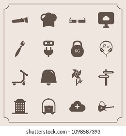 Modern, simple vector icon set with notification, torch, power, banner, smart, architecture, spring, internet, music, musical, room, paint, electricity, house, technology, energy, food, vehicle icons