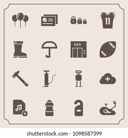 Modern, simple vector icon set with equipment, file, add, bottle, graph, birthday, robot, game, chart, music, bicycle, spanner, fashion, kilogram, report, drink, wrench, label, weight, cloud icons