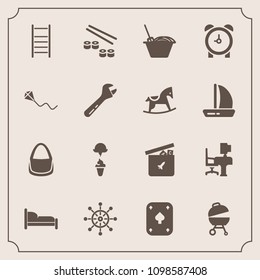 Modern, simple vector icon set with home, sushi, machine, table, furniture, toy, clock, kite, desk, ball, rudder, bear, wheel, fish, fashion, fun, cream, bed, sweet, food, seafood, work, play icons