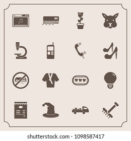 Modern, simple vector icon set with mobile, white, music, menu, health, home, bunny, phone, hat, conditioning, vintage, green, science, garden, healthy, research, light, idea, cell, biology, air icons