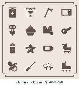 Modern, simple vector icon set with salt, game, screwdriver, pepper, wrench, stroller, child, infant, tennis, fun, seasoning, food, work, skating, pacifier, power, pram, plug, flame, battery icons