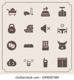 Modern, simple vector icon set with cloud, service, restaurant, old, fruit, bunny, mobile, map, vacuum, ringing, rabbit, entrance, kilogram, sweet, cable, atlas, apple, door, box, bar, healthy icons