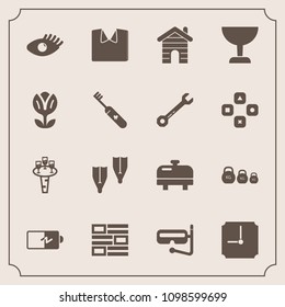 Modern, simple vector icon set with heater, news, real, spring, underwater, wine, house, equipment, clothing, search, newspaper, water, time, beauty, girl, liquid, health, business, kilogram icons