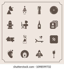 Modern, simple vector icon set with party, disc, holiday, signal, bucket, spaceship, fun, post, sunny, mail, scary, circus, postage, puzzle, foot, drink, radio, celebration, bottle, space, small icons