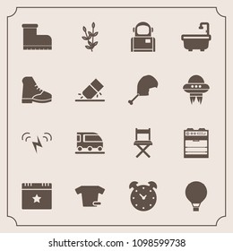 Modern, simple vector icon set with cosmonaut, footwear, parachute, sign, cosmos, agriculture, ecology, jump, transportation, leather, van, time, science, fashion, sun, plant, watch, style, hour icons