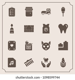 Modern, simple vector icon set with delivery, game, fresh, note, jam, toy, collection, oven, sound, cooking, food, stroke, play, kitchen, glass, dentist, health, vehicle, jar, check, poker, list icons