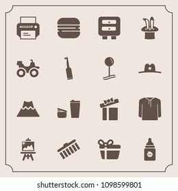 Modern, simple vector icon set with drawing, sandwich, landscape, cheeseburger, road, print, crater, volcano, printer, shape, bike, dirt, brush, extreme, art, snack, box, sugar, holiday, jacket icons