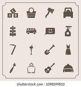 Modern, simple vector icon set with bus, abc, headwear, fitness, ice, shovel, road, hat, education, style, clothing, equipment, leather, vehicle, drink, fashion, music, hammer, transportation,  icons