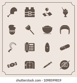 Modern, simple vector icon set with chicken, pin, jacket, sign, lifestyle, sickle, camera, food, pill, no, elevator, vest, candy, lollipop, pointer, safety, clothing, bird, communication, sweet icons