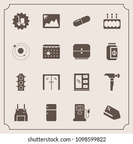 Modern, simple vector icon set with fridge, hammer, handle, architecture, cook, price, entrance, interior, gas, uniform, apron, tag, delivery, frame, discount, sale, furniture, package, pill icons