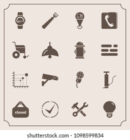 Modern, simple vector icon set with tool, fire, audio, wheelchair, pump, watch, hammer, gadget, check, equipment, store, lamp, phone, energy, electricity, dinner, banner, idea, light, safety icons