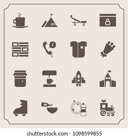 Modern, simple vector icon set with cappuccino, skating, train, toy, equipment, headset, broom, glass, building, spaceship, center, wine, element, newspaper, lock, call, locomotive, craft, web icons