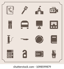 Modern, simple vector icon set with toothbrush, safe, camera, health, castle, handle, laptop, bus, calculator, internet, motel, label, clothing, book, finance, privacy, food, cooking, video, pan icons