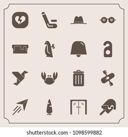 Modern, simple vector icon set with trash, door, kayak, paper, water, plane, travel, championship, origami, crab, cream, can, architecture, handle, river, ice, garbage, broken, cricket, love icons