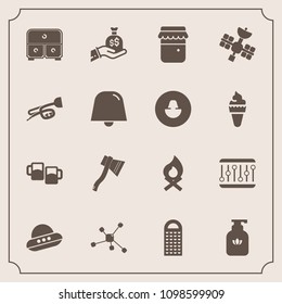 Modern, simple vector icon set with cheese, sack, drawer, jar, bonfire, technology, jam, trumpet, music, kitchen, alcohol, chemistry, axe, beer, fireplace, finance, atom, glass, hygiene, clean icons