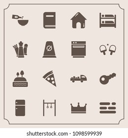 Modern, simple vector icon set with education, hostel, layout, pizza, drink, business, shipping, dessert, athlete, street, table, game, refrigerator, king, crown, sign, cake, estate, house, real icons