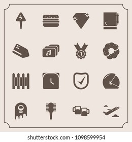 Modern, simple vector icon set with motorcycle, brush, hamburger, watch, time, flight, security, ufo, plane, drink, monster, notepad, jewel, helmet, pub, clock, hair, alien, motorbike, space icons