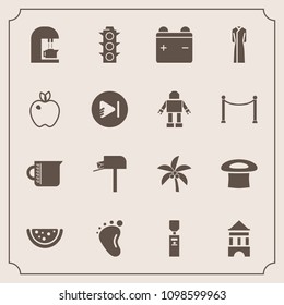 Modern, simple vector icon set with glass, equipment, transparent, mail, watermelon, caffeine, battery, cafe, traffic, light, espresso, food, summer, palm, nature, baby, child, water, mailbox icons