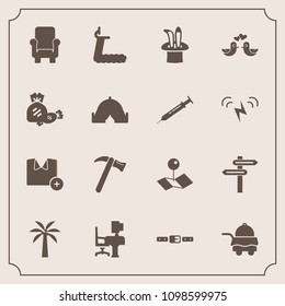 Modern, simple vector icon set with chair, love, room, magic, sport, bedroom, fitness, hotel, gym, furniture, desk, spanner, location, sweet, service, , hammer, business, animal, pigeon, shirt icons