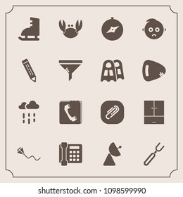 Modern, simple vector icon set with restaurant, sport, ice, child, rain, sad, signal, communication, fork, clip, pen, fresh, antenna, paper, radio, filter, book, phone, cute, seafood, water, wet icons