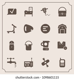 Modern, simple vector icon set with kayaking, clothes, cooking, tap, drill, furniture, painter, hand, communication, activity, bag, work, cabinet, spice, technology, man, phone, interior, media icons