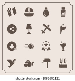 Modern, simple vector icon set with winner, creative, award, dinner, first, road, mail, idea, origami, message, place, sea, teapot, game, light, box, restaurant, vessel, ball, japanese, location icons